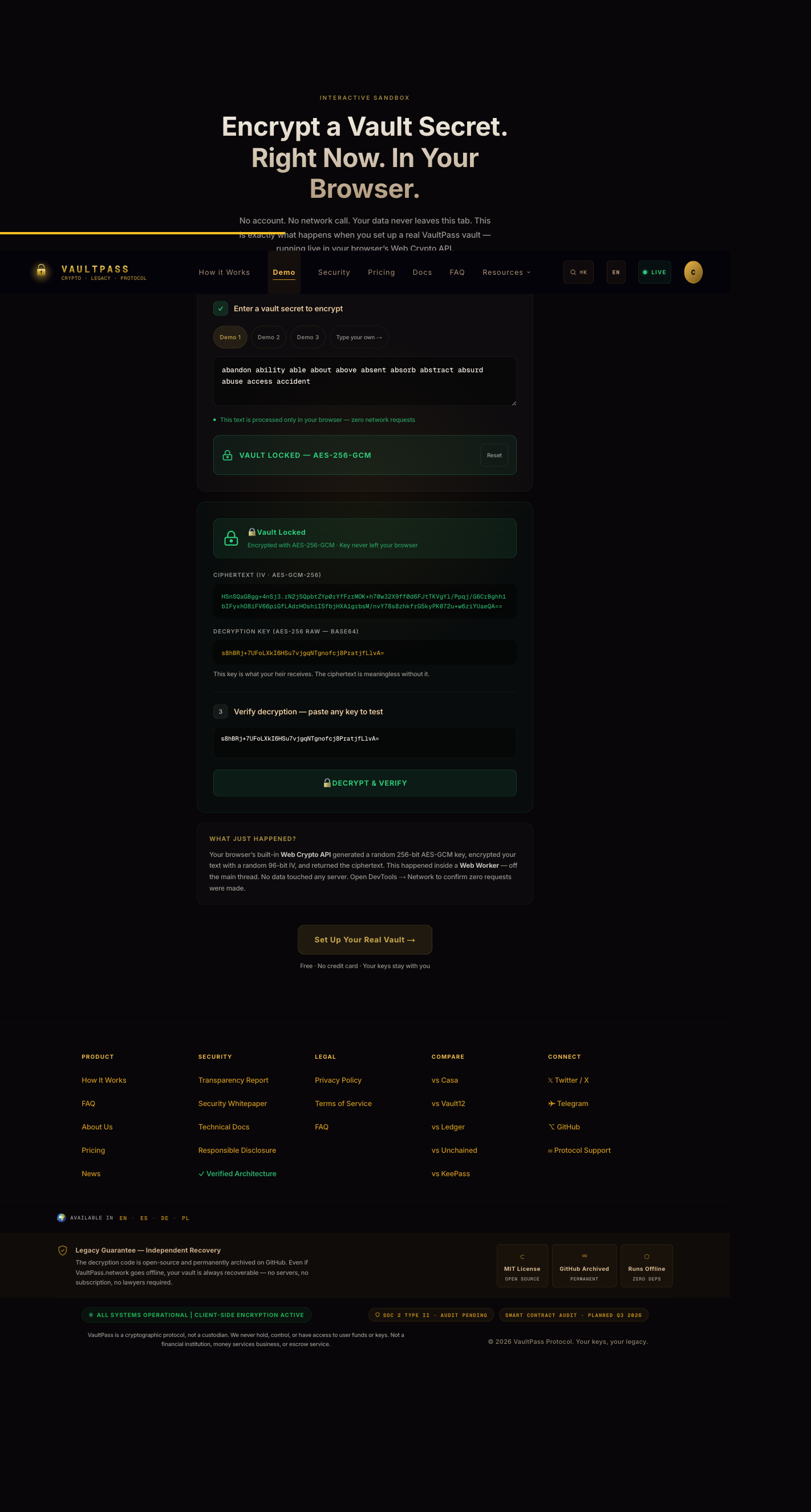 Your encrypted vault — explore the live demo